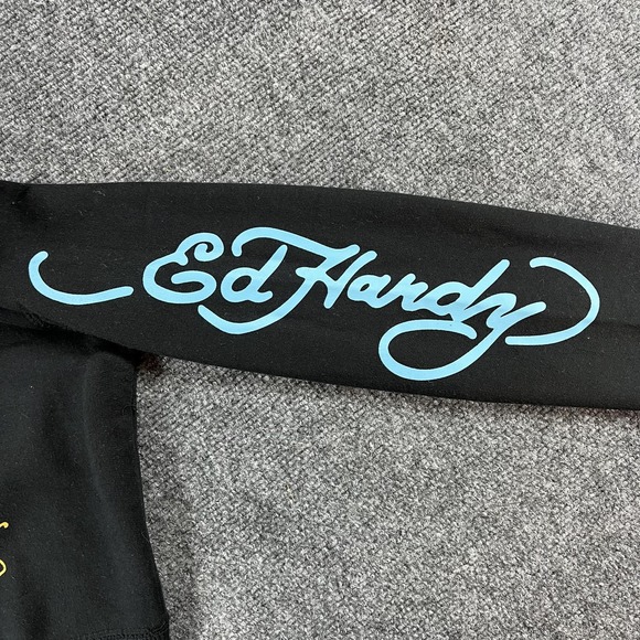 Ed Hardy Hoodie Womens Medium Black Cropped Floral Phoenix Tattoo Full Zip - Picture 8 of 15